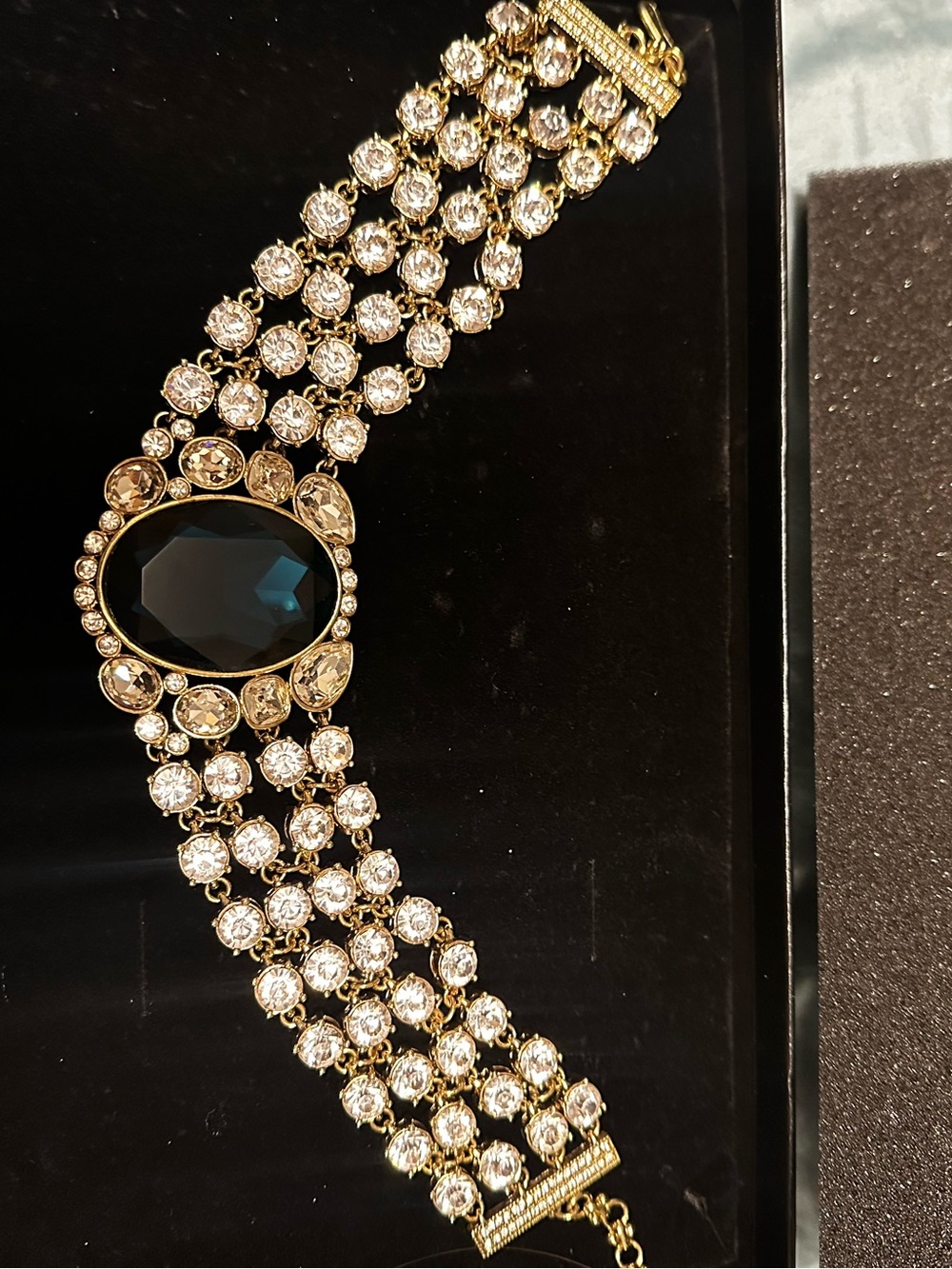 Heidi Daus Gold-Tone Necklace with Deep Blue Oval Center Stone